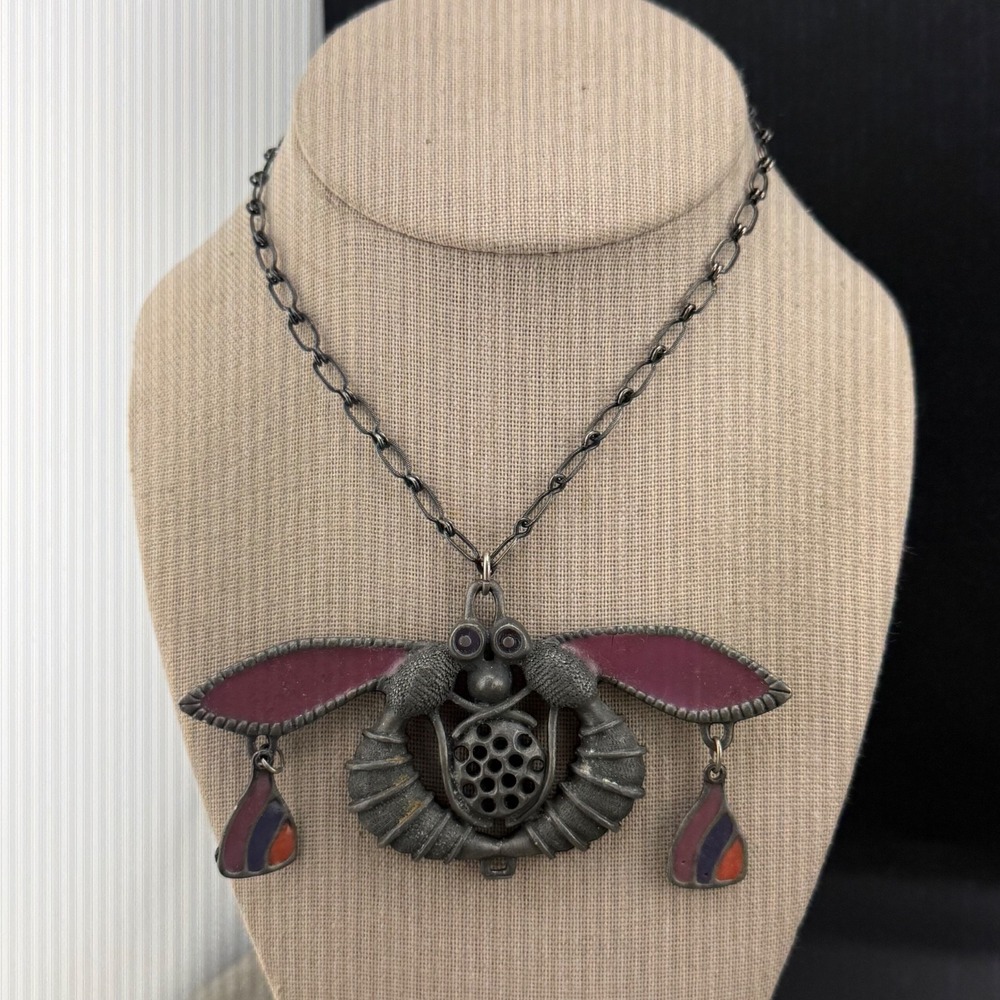 Vintage Statement Necklace Insect Bug Unique Steampunk Silver Tone 28" READ